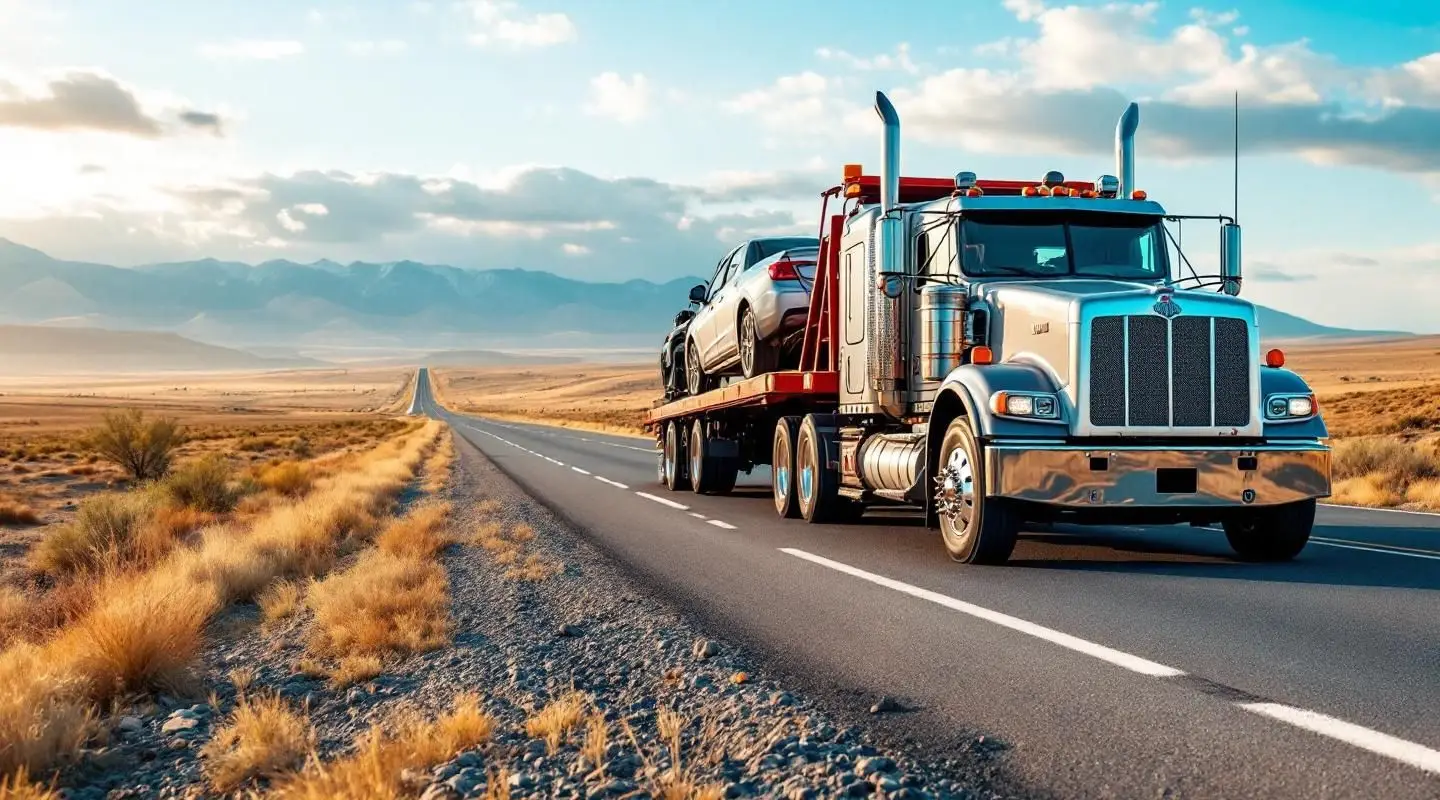A professional flatbed tow truck transporting a vehicle safely down an open highway near Rosedale under cinematic sunset lighting.