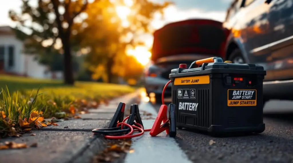 Care Way Towing operator using professional jump pack on a stranded car battery on a chilly evening roadside in Glen Burnie.