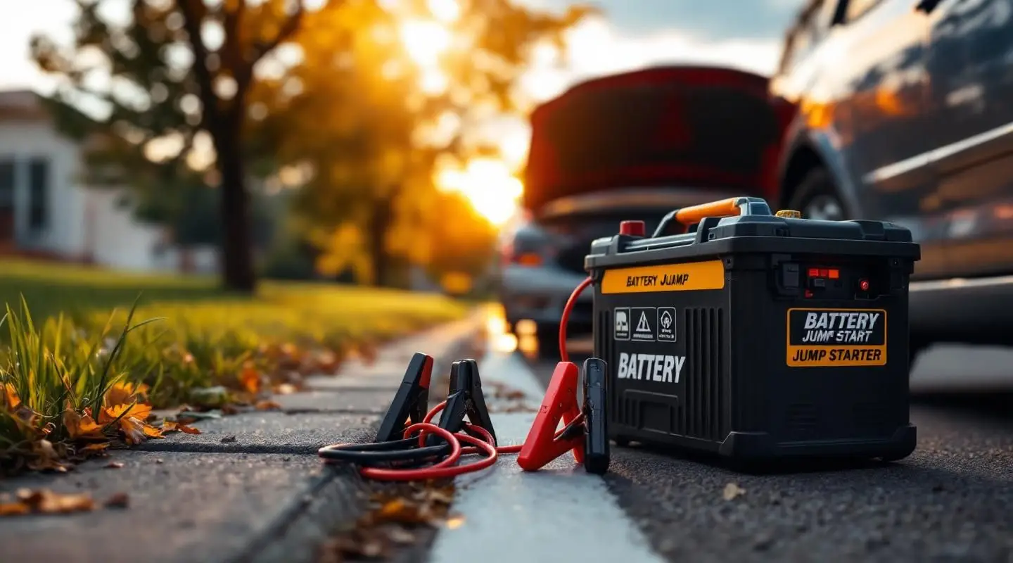 Care Way Towing operator using professional jump pack on a stranded car battery on a chilly evening roadside in Rosedale.