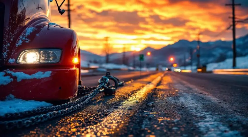 Care Way Towing flatbed tow truck loading a disabled sedan on a quiet Rosedale street at dusk, warm cinematic lighting.