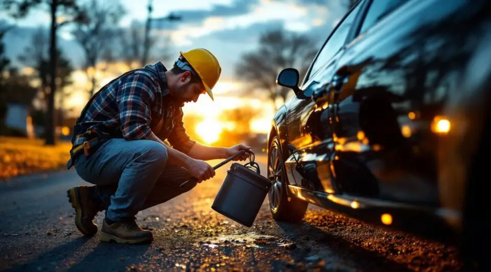 A Care Way Towing technician safely unlocking a sedan door on Wilhelm Avenue in Rosedale using non-destructive entry tools.