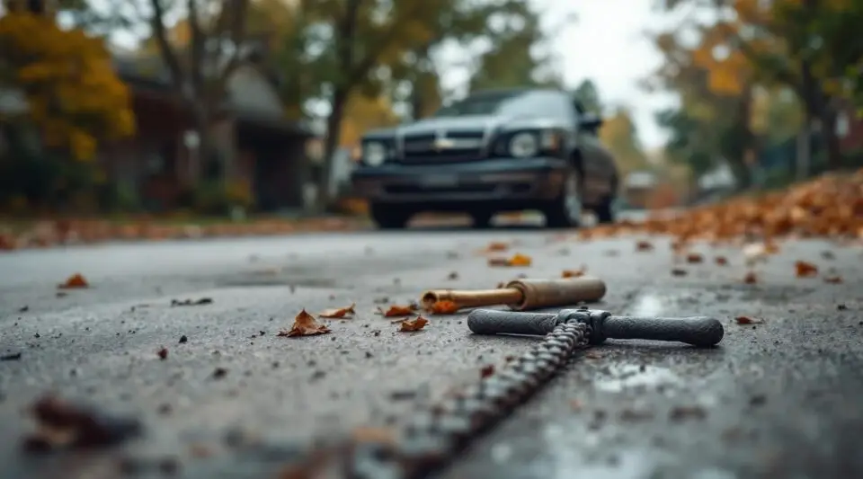A flatbed tow truck loading a damaged, rusted sedan from a driveway in Rosedale under dramatic evening light.