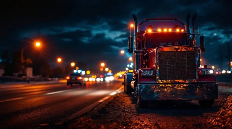 A flatbed tow truck loading a disabled car on a Rosedale roadside at night under amber emergency lights.