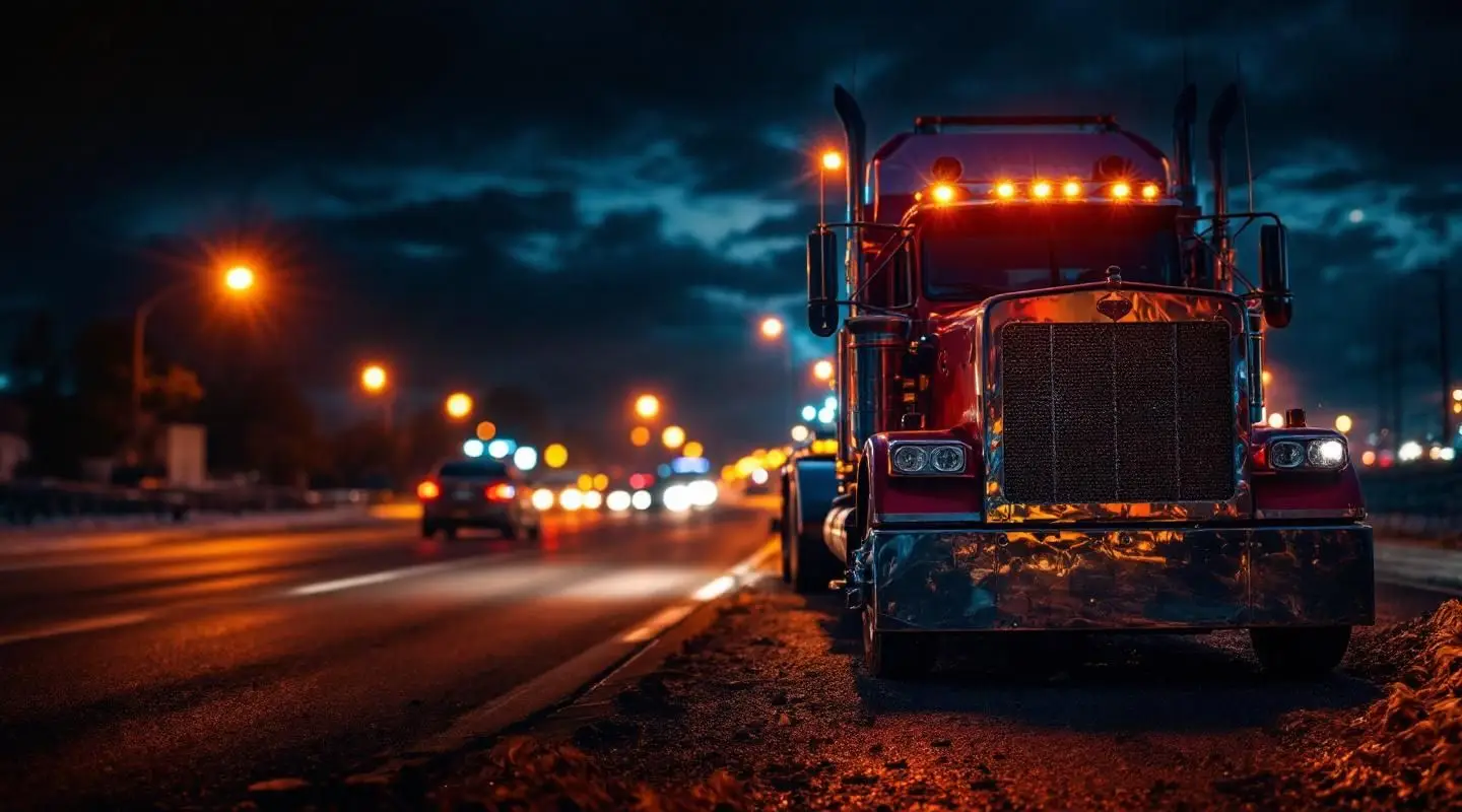 A Care Way Towing flatbed truck loading a disabled sedan on a Rosedale street under amber safety lights at night.