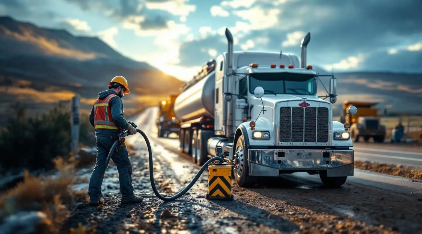 A Care Way Towing technician delivering emergency fuel to a stranded truck on a busy Rosedale highway shoulder at dusk.