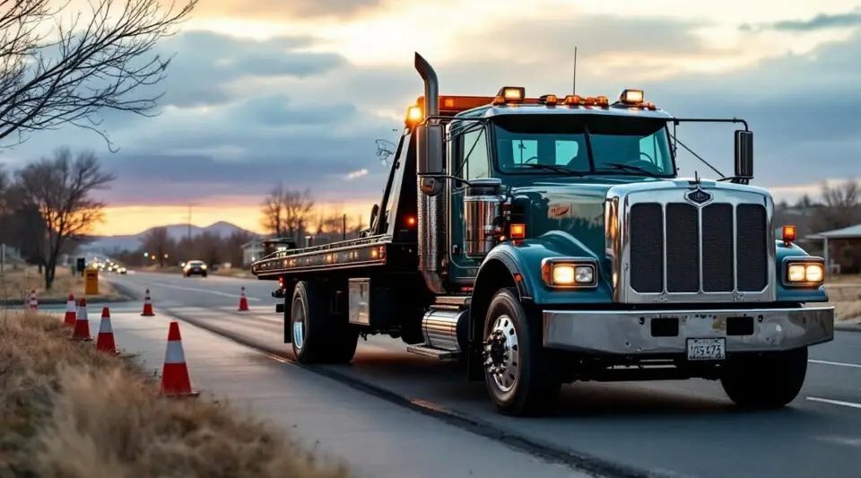 A Care Way Towing flatbed truck loading a sedan on a Rosedale street at dusk with amber safety lights flashing.