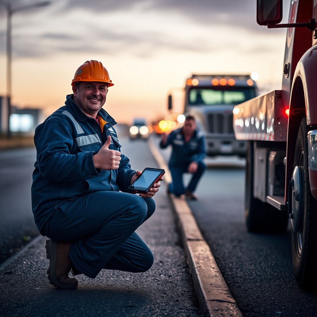 A professional tow truck operator in high-visibility safety gear standing next to a clean flatbed truck in Perry Hall.