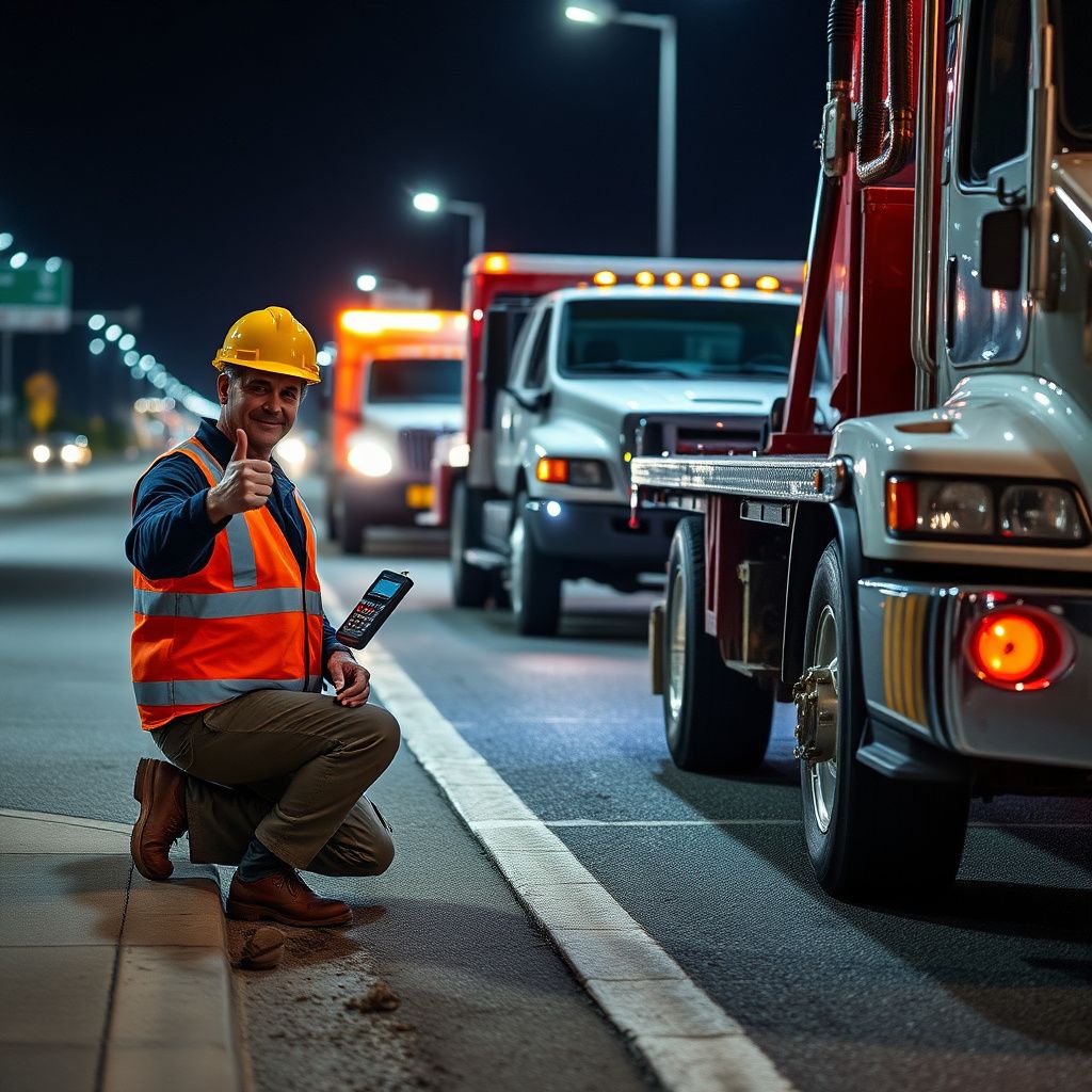 A Care Way Towing flatbed truck responding to a vehicle breakdown near the I-695 interchange in Towson, Maryland.