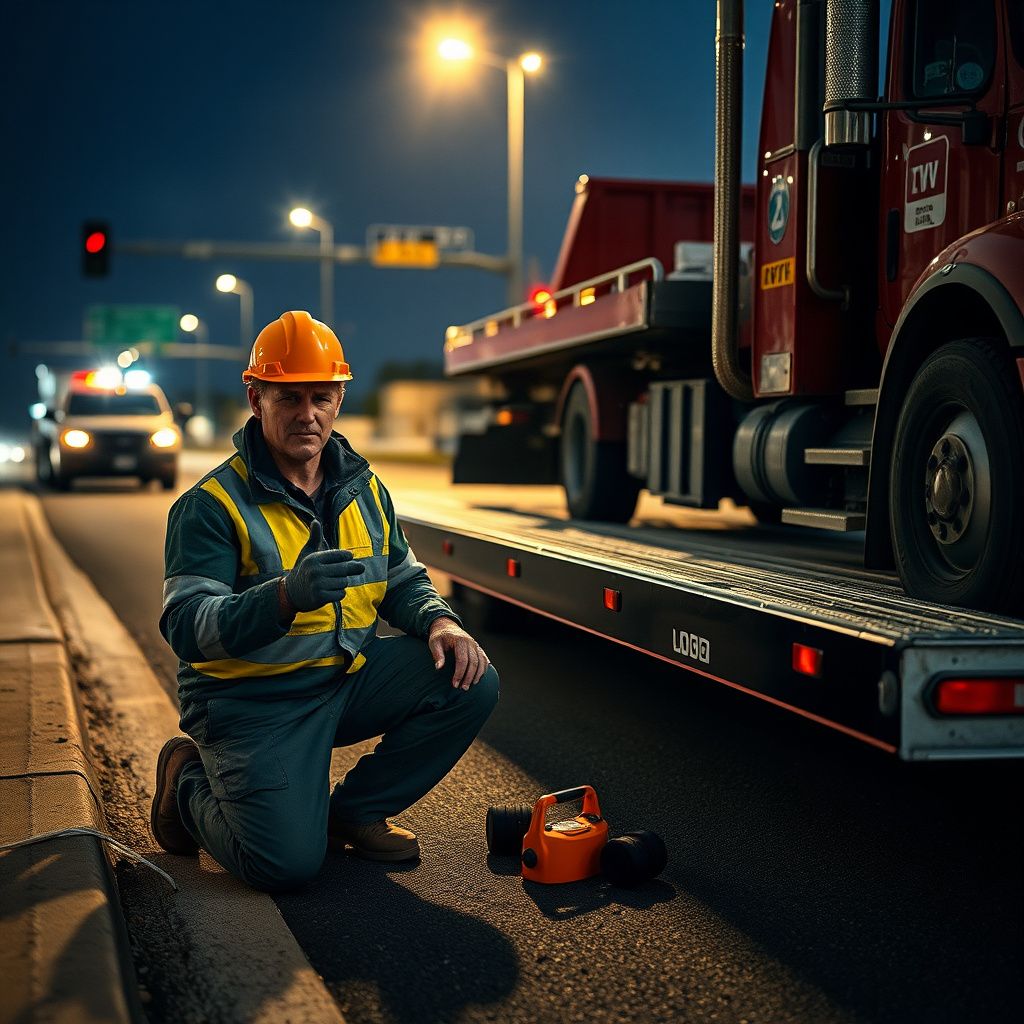 A close-up of a tow truck operator securing a vehicle with soft-tie straps on a flatbed in Baltimore.