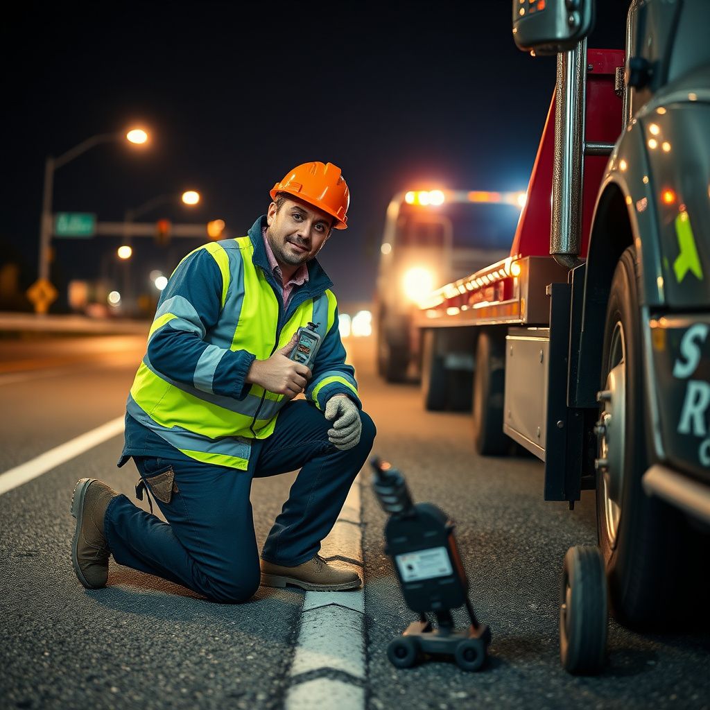 A close-up of a licensed tow operator checking the safety chains on a flatbed tow truck in Parkville.