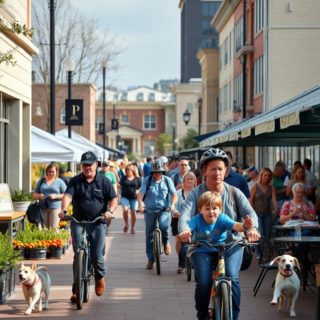 A scenic view of the commercial district in White Marsh, Maryland, showing clean streets, modern retail buildings, and green landscaping under a clear blue sky.