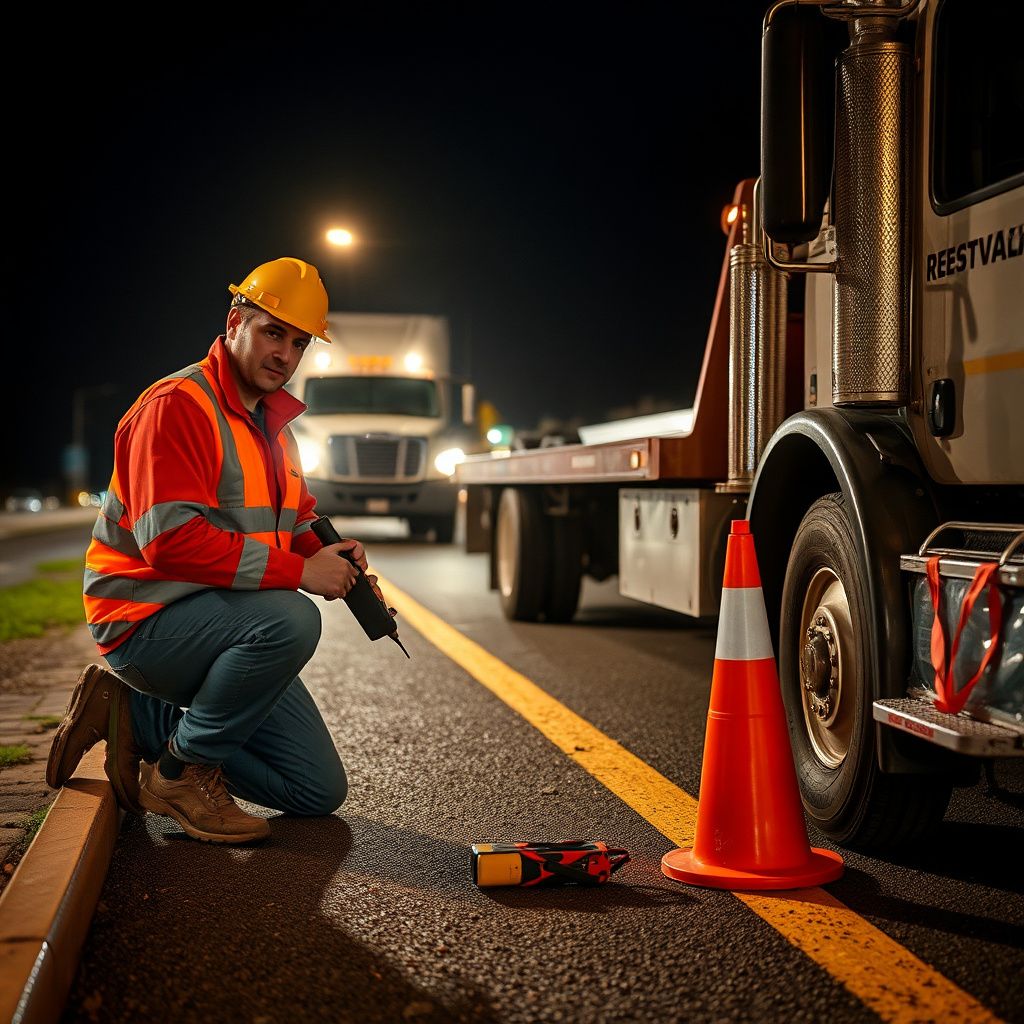A professional tow truck operator securing a vehicle on a flatbed in Essex, Maryland, wearing high-visibility safety gear.